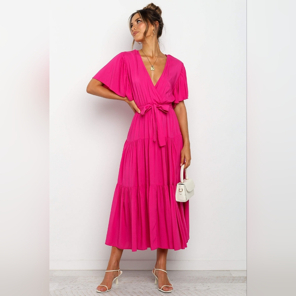 NWT - Boutique - Tied Tiered Short Sleeve Hot Pink Midi Dress -Size M